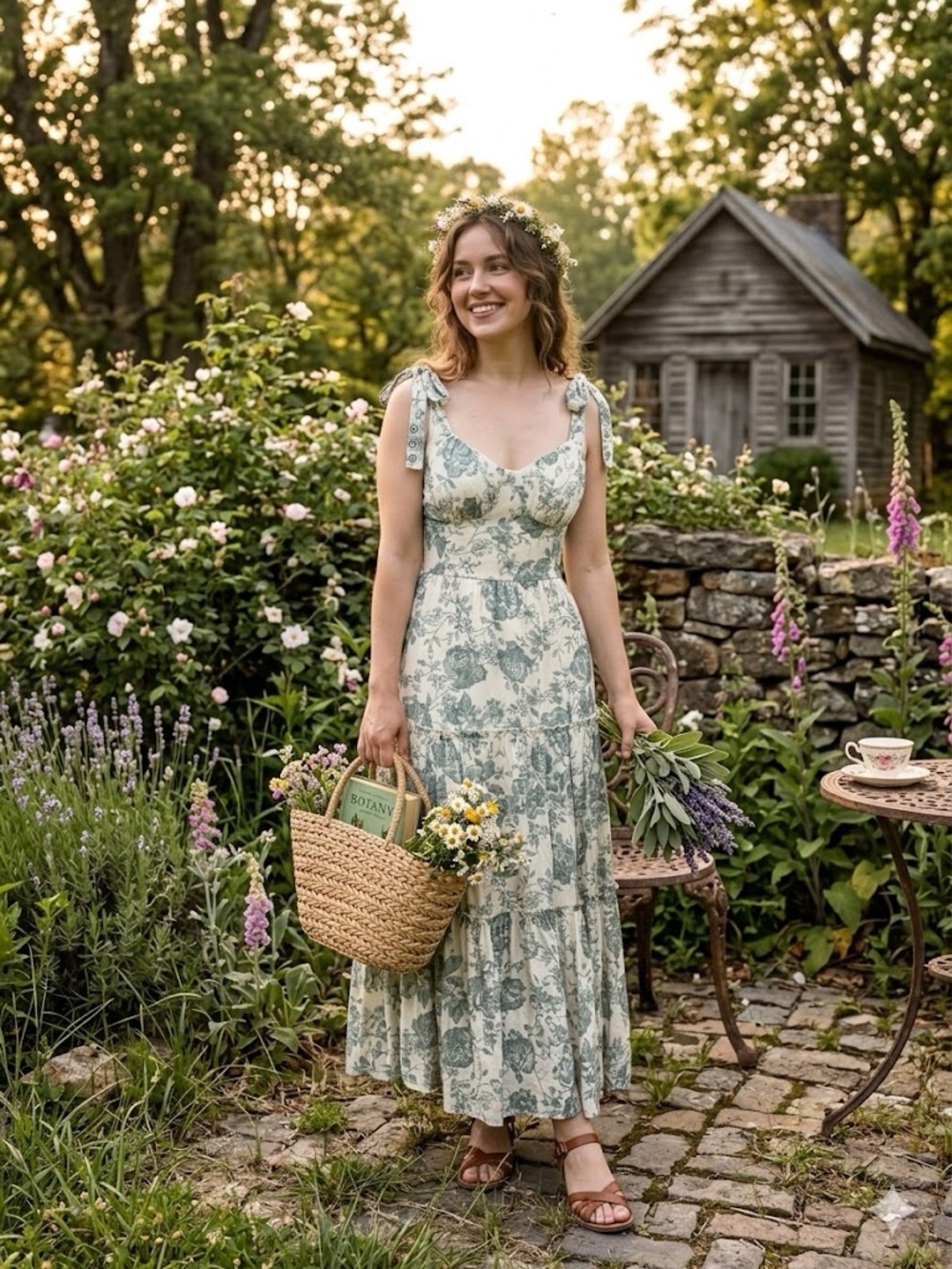 Floral Tie-Shoulder Midi Dress Cream/White and Sage/Teal Size Small Cottagecore